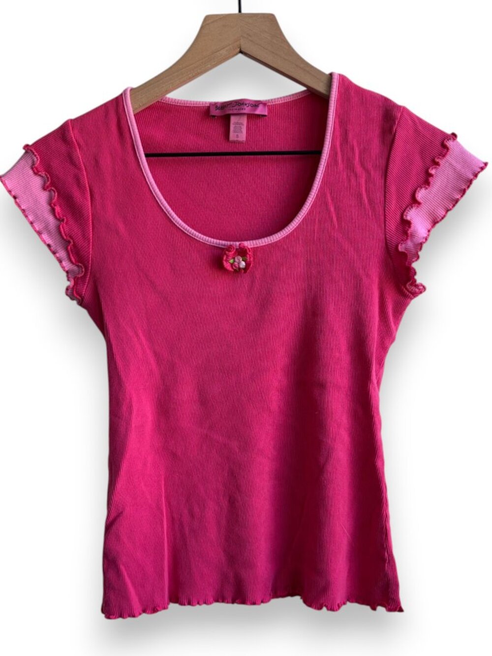 Vintage y2k Betsey Johnson Pink Ribbed Layered Baby Tee Cap Sleeve Top small